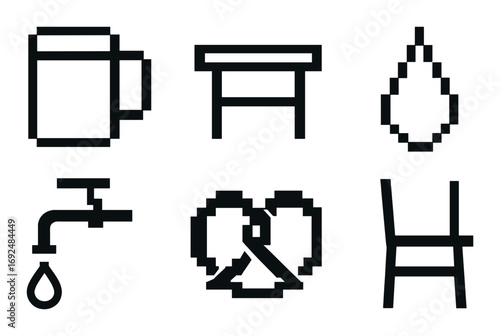 Kitchen utensils pixel icon set. featuring mug, table, oil, faucet, pretzel, chair.