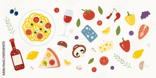 A vibrant and colorful assortment of italian food ingredients and dishes arranged in a playful pattern