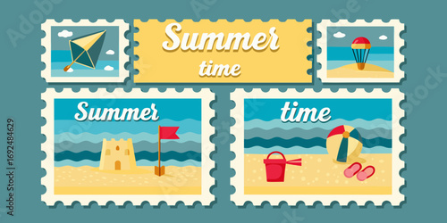 Collection of vintage postage stamps featuring summer beach scenes and activities