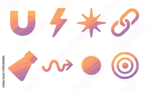 Science and energy linear icon set. featuring magnet, lightning, star, link, telescope, wave, circle, and target symbols.