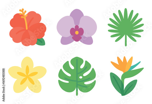Tropical flowers flat icon set. featuring hibiscus, orchid, palm, frangipani, monstera, bird of paradise.