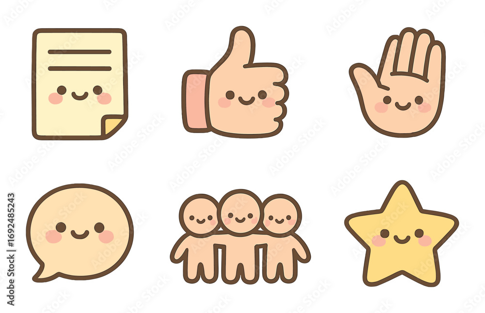 Fototapeta premium Communication and interaction flat icon set. featuring document, thumb up, hand, speech bubble, group, star.
