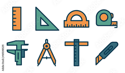 Construction tools flat icon set. featuring ruler, square, protractor, measuring tape, caliper, compass, level, and utility knife.