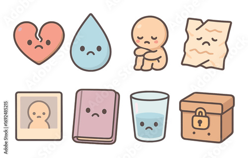 Emotional flat icon set. featuring heart, teardrop, person, paper, photo, book, glass, and box symbols.