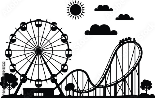 Amusement park landscape with ferris wheel, roller coaster, sun, clouds, trees, vector illustration, carnival fun fairground entertainment design