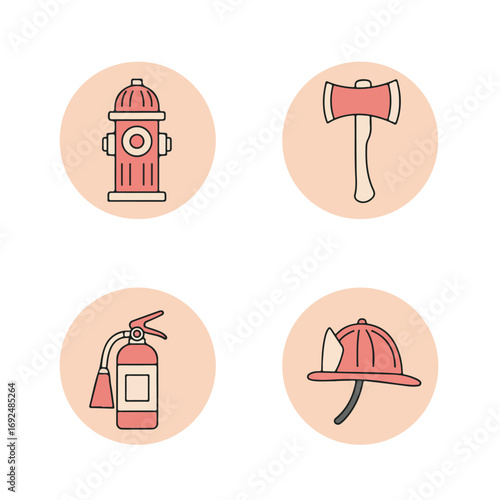 Firefighting Tools Axe, Hydrant, Extinguisher, Helmet, Icons on Pink Background