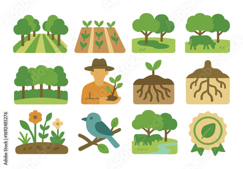 Agriculture silhouette icon set. featuring fields, plants, farm, tree, gardener, roots, and nature symbols.