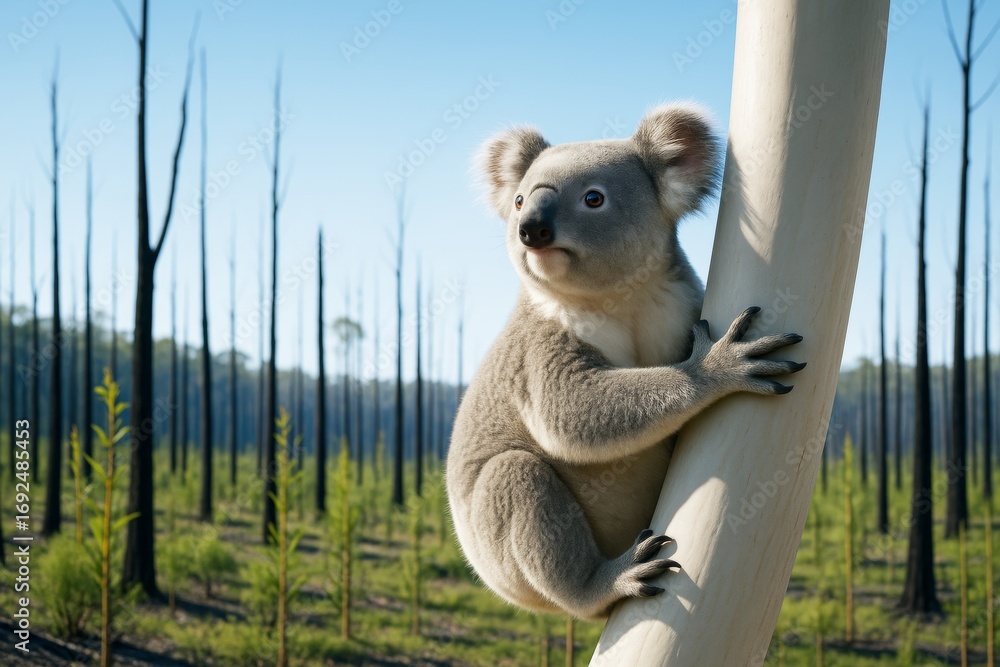 Fototapeta premium Young koala clinging to a tree in a regenerating forest with charred tree trunks and green saplings in soft morning light background. Ai generative