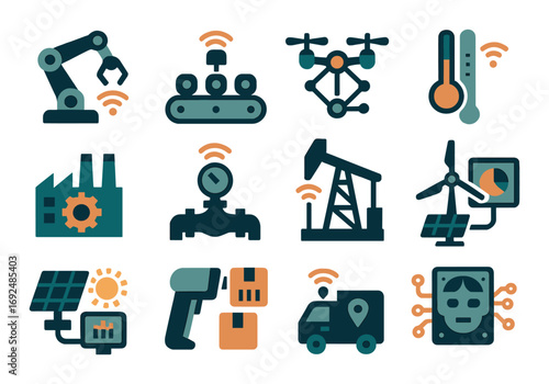 Industry and technology silhouette icon set. featuring robot arm, factory, drone, thermometer, and wind turbine.