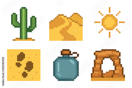 Desert adventure pixel icon set. featuring cactus, dunes, sun, footprints, canteen, and rock arch icons.