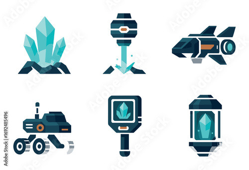 Space silhouette icons set. featuring crystal, drill, spaceship, rover, scanner, capsule designs.