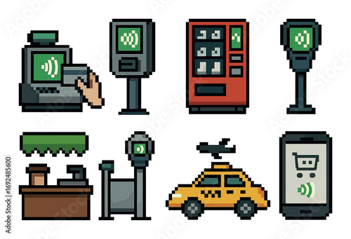 Digital payment pixel icon set. featuring nfc, atm, vending machine, taxi, parking meter.