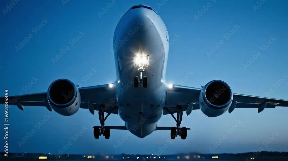 Airplane taking off against night sky with illuminated cabin lights ...