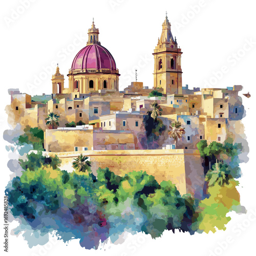Mdina Old Town. Mdina Old Town watercolor vector illustration