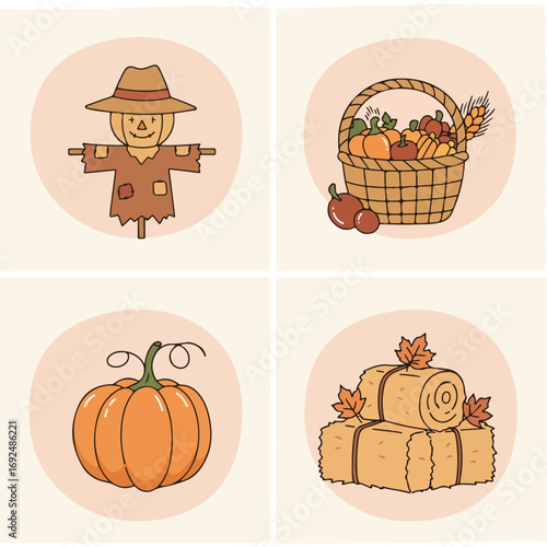 Autumnal harvest Scarecrow, basket of fruit, pumpkin, hay bales on beige