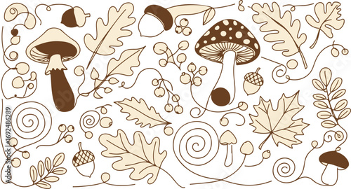 Hand-drawn Autumn Elements Seamless Pattern with Mushrooms Acorns and Fall Leaves for Seasonal