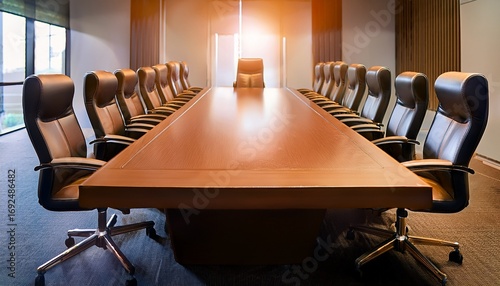 empty conference room chairs in a row facing a long table soft light casts a warm glow on the leather seating