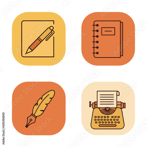 Icons of writing pen, notepad, quill, and old typewriter
