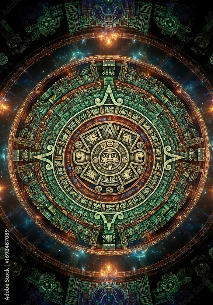 Obraz premium Ancient cosmic calendar fractal visualization with intricate Mayan inspired patterns and galactic illumination