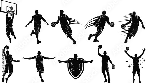 Basketball player silhouettes, dribbling, dunking, shooting, sports action, athletic figures, basketball game, dynamic poses, basketball icons, player movement.
