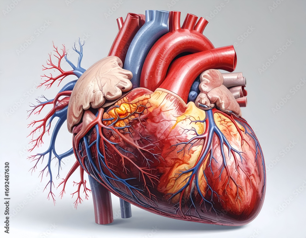 Naklejka premium Cross-Sectional View of Human Heart with Blood Vessels and Fatty Deposits