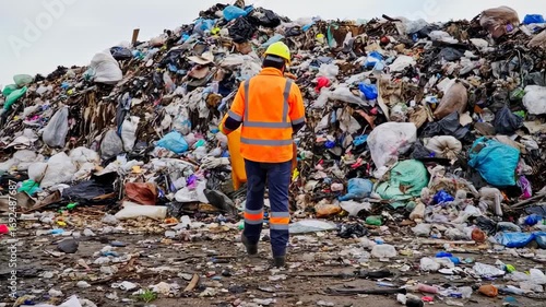 Worker at Massive Landfill Site: Environmental Impact and Waste Management