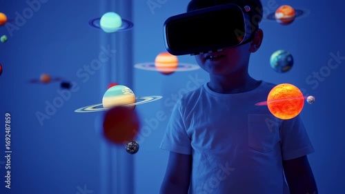 Young Boy Explores Solar System in VR: Futuristic Education