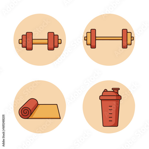 Gym Essentials Dumbbells, mat and a shaker on beige circles