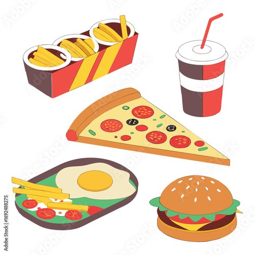 Vector set of isolated icons for fast food, including pizza, hamburger, and other Italian meals with cheese and meat