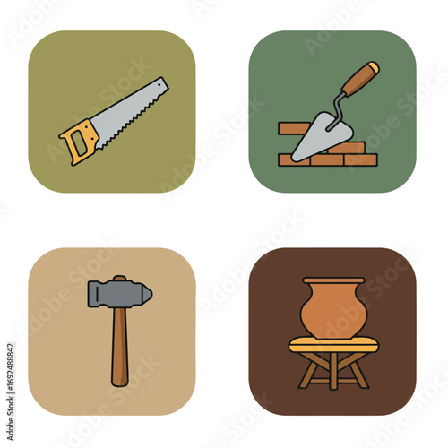 Tools Icons Saw, trowel, hammer, and vase on stool in rounded square panels