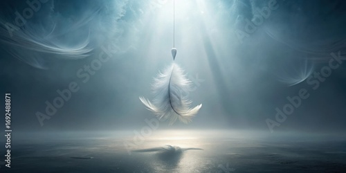 Ethereal Feather Suspended in a Mystical, Dreamlike Atmosphere, Illuminated by a Celestial Light Source