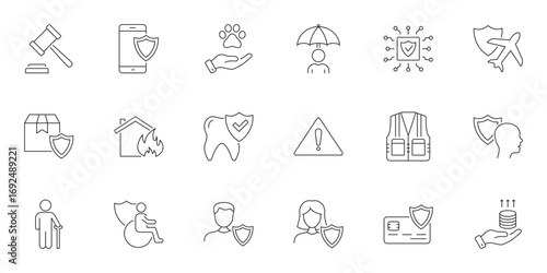 Insurance And Protection Line Icons Set. Coverage And Safety Outline Symbols. Legal, Digital, Pet, Travel, Home, Health, And Financial Security. Editable Stroke. Isolated Vector Illustration