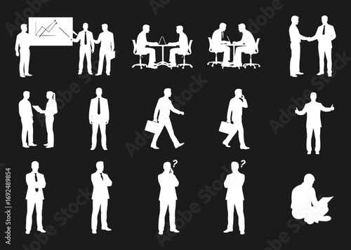 Business people silhouettes, office workers, teamwork, meeting, handshake, presentation, businessman with briefcase, communication, decision making, corporate lifestyle, white vector illustration