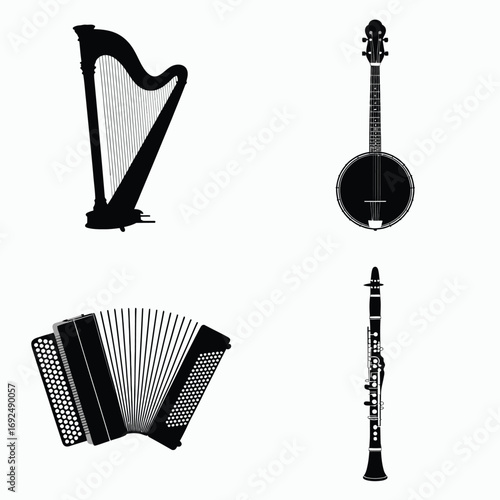 Silhouettes of musical instruments harp banjo accordion and clarinet arranged artistically silhouette vector illustration white background
