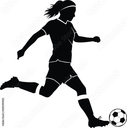 Vector illustration of female soccer player silhouette kicking soccer ball in action, representing sport, energy, fitness, teamwork, and dynamic movement.