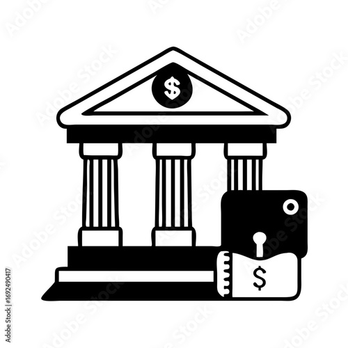 Vector art of bank security illustrates a bank building with a credit card and lock, symbolizing financial safety