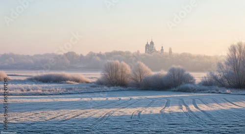 Winter landscape with frostcovered trees and a distant church in the morning