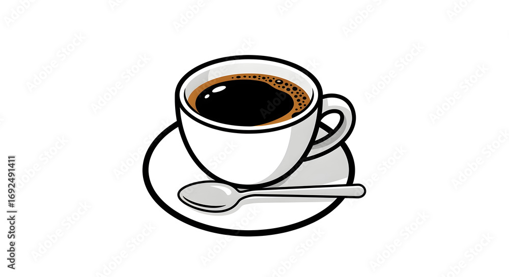 Obraz premium hot coffee cup saucer spoon illustration