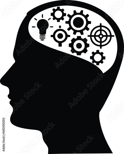 Brain silhouette with gears and brain symbol representing process, intelligence, innovation, problem solving, technical thinking, engineering, mind creativity