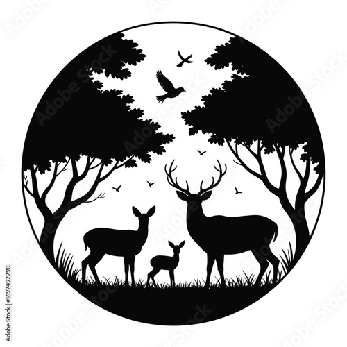 Silhouette of majestic stag doe and fawn in a forest scene with birds silhouette vector illustration white background