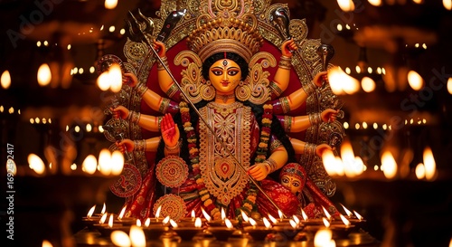 A beautifully decorated idol of the Hindu goddess Durga surrounded by the warm glow of many lit oil lamps during a festival.