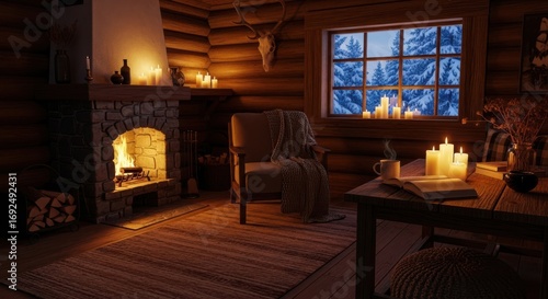 Cozy cabin interior with fireplace, chair, and candles in winter night