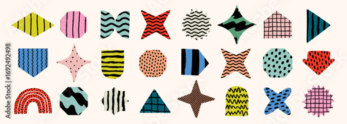 Colorful geometric shapes with stripes, dots, waves and grid textures in brig...