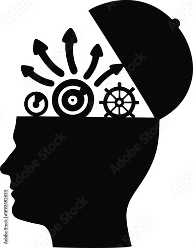 Brain silhouette with arrows and target symbols representing focus, success, planning, achievement, business strategy, intelligence, smart goals, brain activity