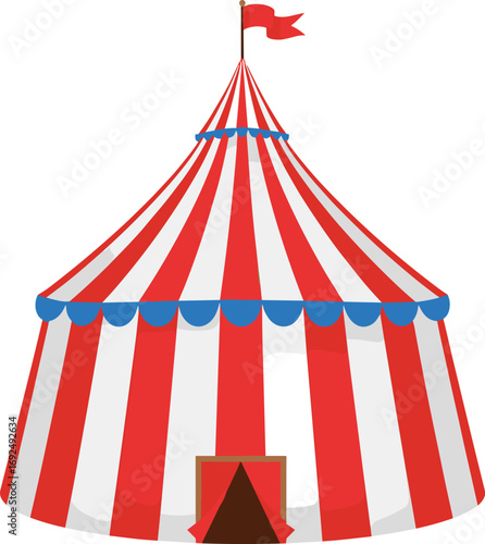Red and white circus tent vector illustration, flat design, colorful carnival canopy with flag, isolated on white background, suitable for fairground themes