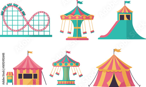 Amusement park vector set, colorful flat illustration of carnival rides, circus tents, fair booths, carousels, roller coaster and playground slide elements