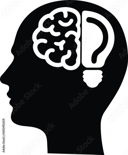 Brain silhouette with brain and ear symbol showing listening, intelligence, learning process, communication, knowledge, memory, psychology, human thinking power