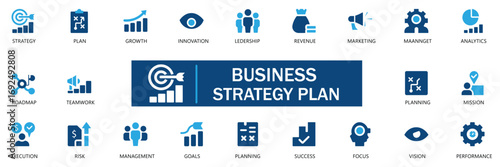 Business Strategy Icon Set with editable vector icons for strategy, performance, growth, and success. Ideal for businesses, entrepreneurs, consultants, and strategic planning projects. Illustration.