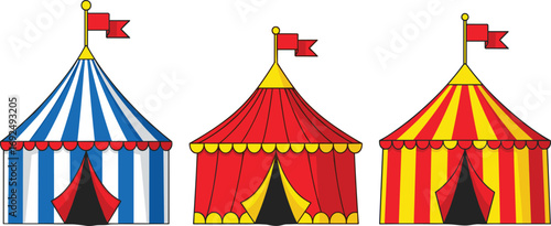 Colorful circus tents vector illustration, cartoon striped big tops with flags, ideal for carnival themes, fairground posters, game assets, or kids books