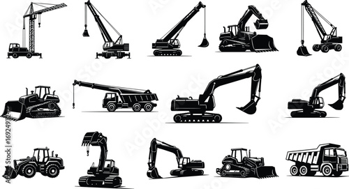 Construction equipment silhouettes, cranes, excavators, bulldozers, dump trucks, heavy machinery, industrial vehicles, building site tools, earthmoving machines, construction industry icons.